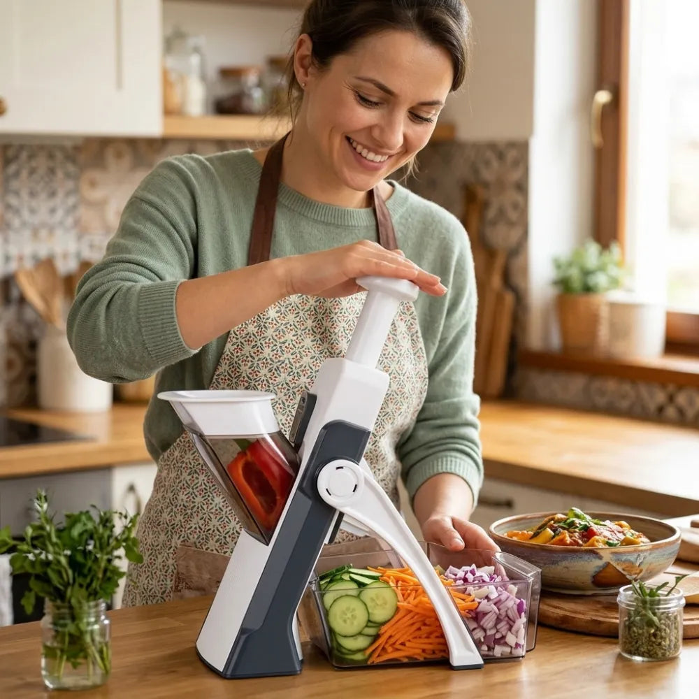 5-in-1 Adjustable Mandoline Vegetable Cutter | Stainless Steel Slicer, Chopper, Grater & French Fries Cutter with Container