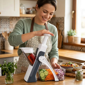5-in-1 Adjustable Mandoline Vegetable Cutter | Stainless Steel Slicer, Chopper, Grater & French Fries Cutter with Container
