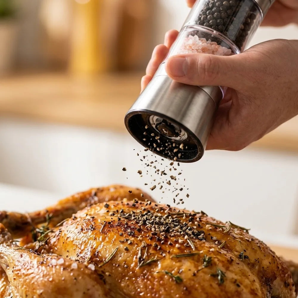 2-in-1 Double Head Stainless Steel Salt & Pepper Grinder | Adjustable Coarseness Glass Spice Mill for Salt, Black Pepper & Seasonings