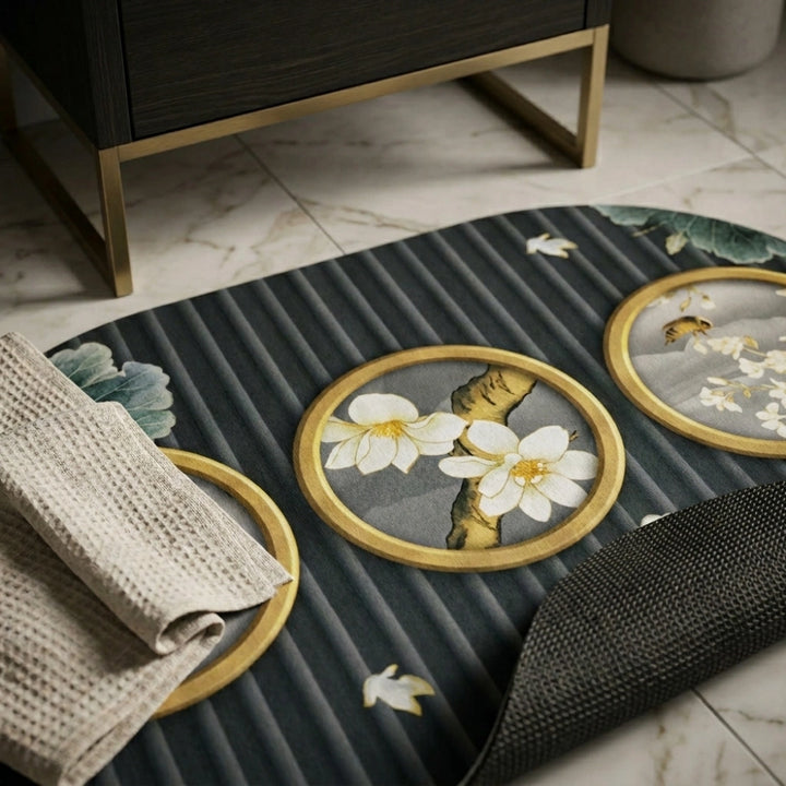 Magnolia Blossom Oval Bath Mat | Soft Quick Dry Anti-Slip Absorbent Floor Rug for Bathroom Entrance & Bedroom