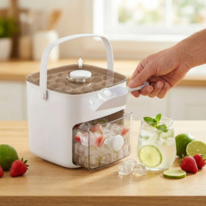 Double Layer Ice Cube Maker with Storage Box, BPA-Free Plastic, Push-Button Release, Transparent Drawer, Carry Handle