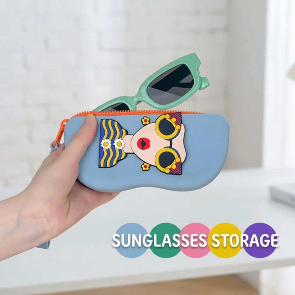 Cute Silicone Sunglasses Case with Zipper & Wrist Strap | Waterproof Soft Eyeglass Pouch with Cleaning Cloth for Travel & Daily Use