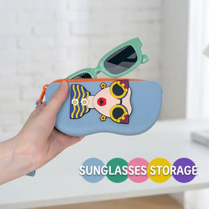 Cute Silicone Sunglasses Case with Zipper & Wrist Strap | Waterproof Soft Eyeglass Pouch with Cleaning Cloth for Travel & Daily Use