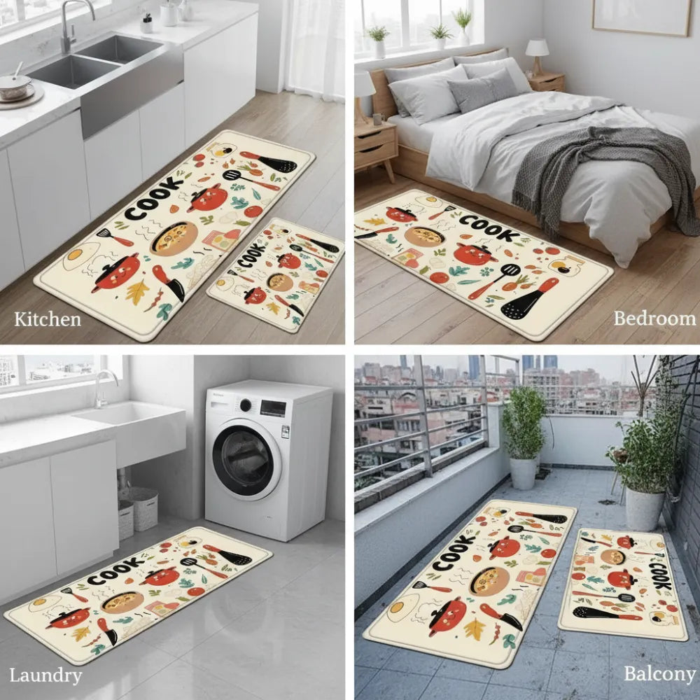 2-Piece “Cook” Kitchen Mat Set | Waterproof Non-Slip Anti-Fatigue Cushioned Rugs for Kitchen Floor & Standing Comfort