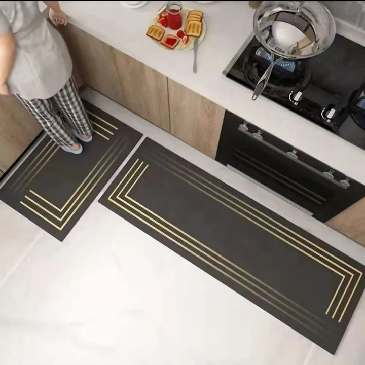 2-Piece Black & Gold Line Kitchen Mat Set | Elegant Non-Slip Oil-Proof Absorbent Anti-Fatigue Runner Rugs for Kitchen & Floor