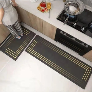 2-Piece Black & Gold Line Kitchen Mat Set | Elegant Non-Slip Oil-Proof Absorbent Anti-Fatigue Runner Rugs for Kitchen & Floor