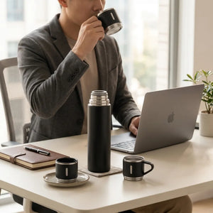 500ml Vacuum Flask Gift Set with 3 Stainless Steel Cups | Double Wall Insulated Hot & Cold Thermos | Premium Travel Flask Combo