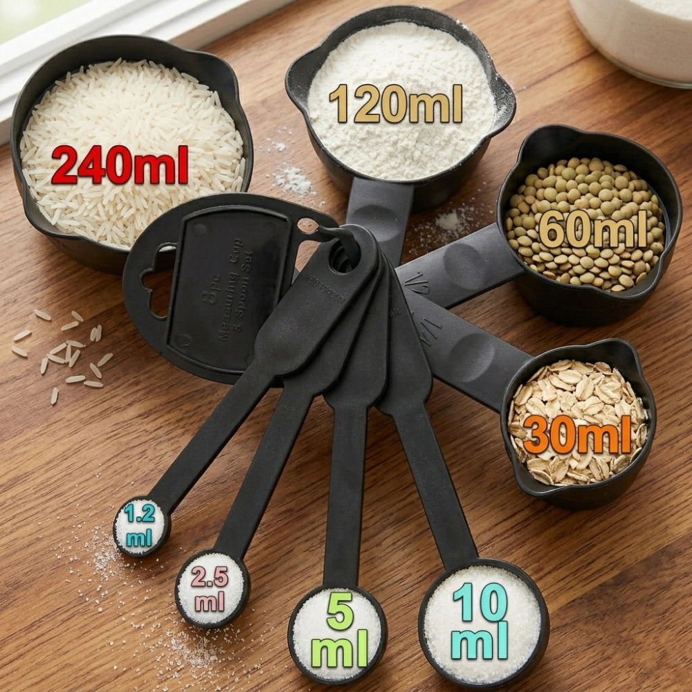 8-Piece Measuring Cups & Spoons Set | Plastic Measuring Tools for Baking, Cooking, Dry & Liquid Ingredients