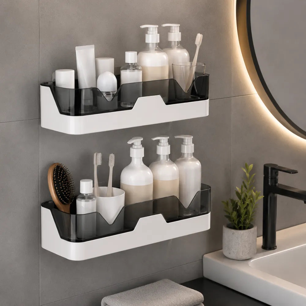 Self-Adhesive Dual-Layer Bathroom Wall Rack | No-Drill Plastic Wall Mounted Storage Organizer for Toiletries & Bathroom Accessories