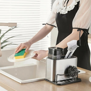 3-in-1 Stainless Steel Kitchen Sink Caddy Organizer with Soap Dispenser, Sponge & Brush Holder