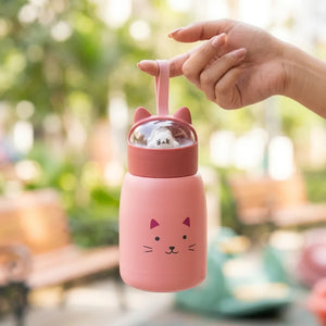 Cute Cat Kids Glass Water Bottle | Leakproof Glass Bottle with Lid | Reusable Drinking Bottle for School, Travel & Daily Use