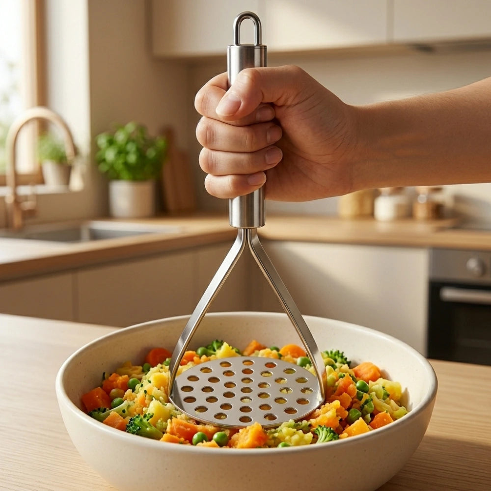Stainless Steel Potato Masher | Heavy Duty Triangle Vegetable & Fruit Masher with Ergonomic Handle | Manual Kitchen Tool for Potatoes, Avocado, Sweet Potato & Baby Food