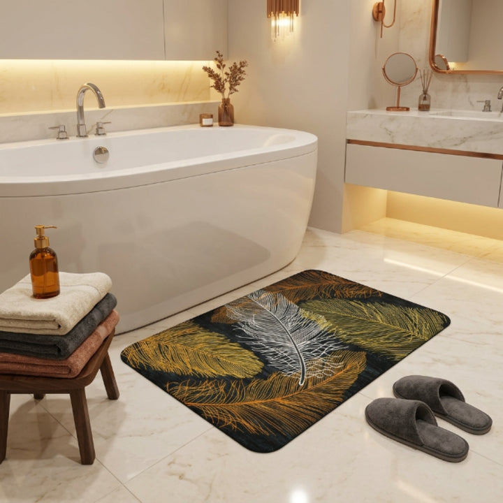 Luxury Feather Print Anti-Slip Bathroom Door Mat | Soft Absorbent Floor Rug