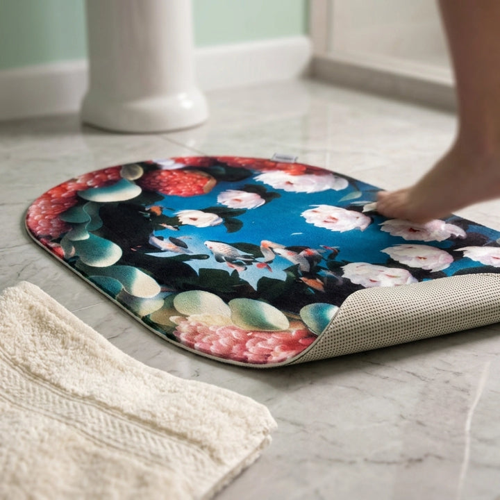 Floral Oval Anti-Slip Bathroom Mat | Soft Absorbent Quick Dry Bath Rug | Decorative Washroom Floor Carpet