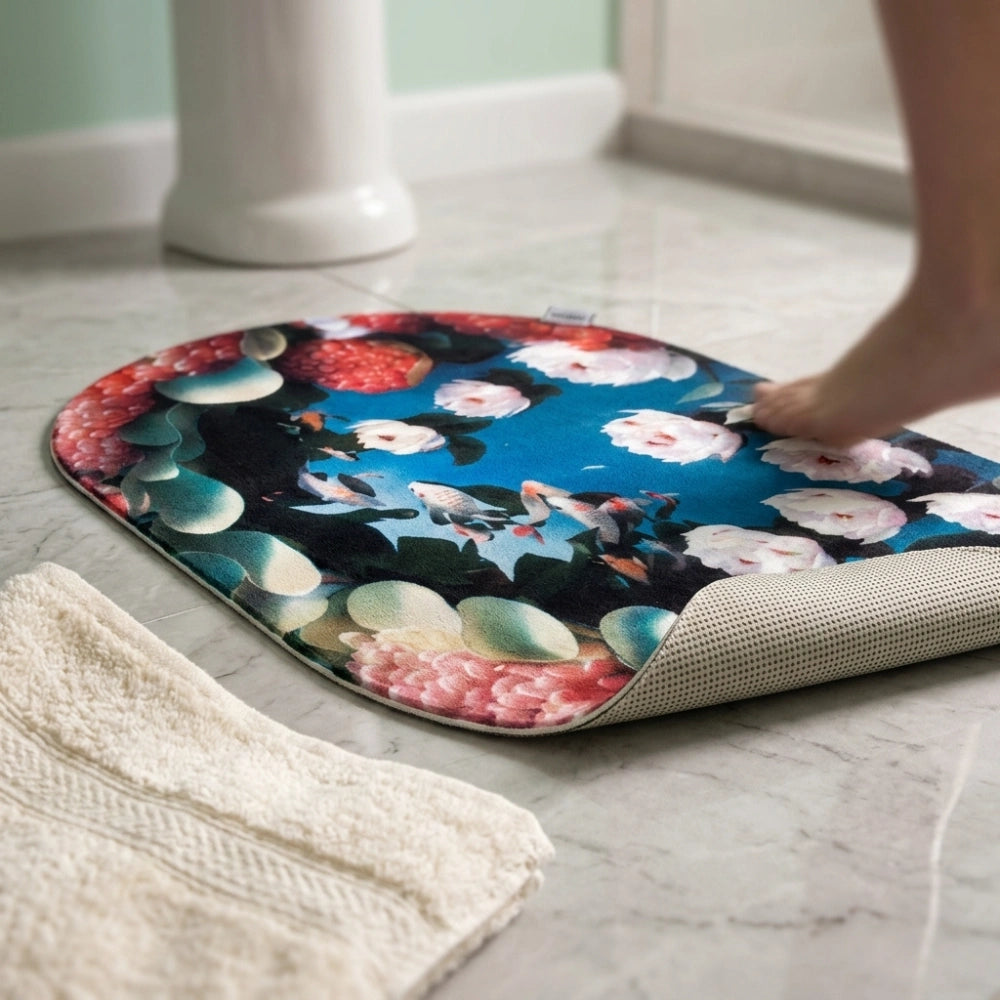 Floral Oval Anti-Slip Bathroom Mat | Soft Absorbent Quick Dry Bath Rug | Decorative Washroom Floor Carpet