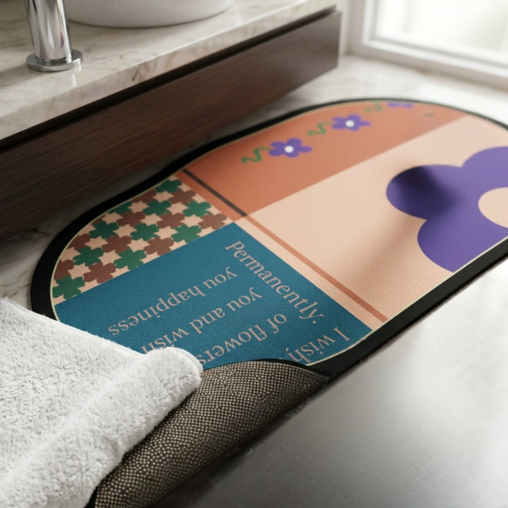 Boho Abstract Oval Anti-Slip Bath Mat | Soft Absorbent Quick Dry Bathroom Floor Rug Modern Floral Door Mat