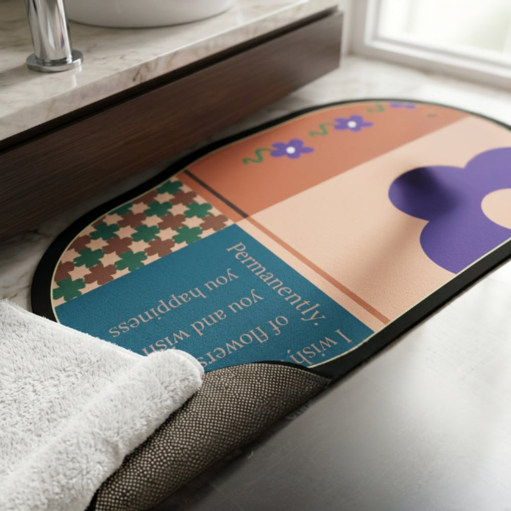 Boho Abstract Oval Anti-Slip Bath Mat | Soft Absorbent Quick Dry Bathroom Floor Rug Modern Floral Door Mat