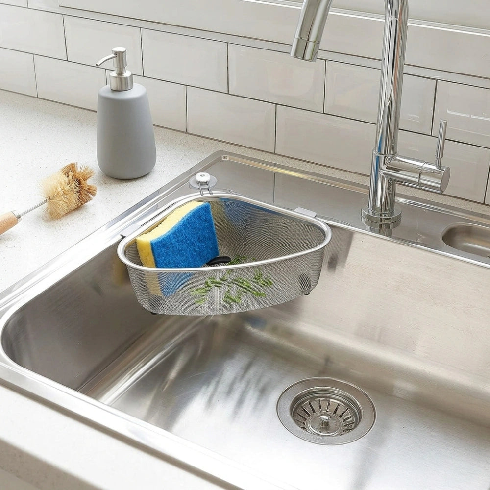 Stainless Steel Sink Corner Strainer Basket | Triangle Kitchen Sink Drain Shelf Organizer | Rustproof Corner Rack for Sponge & Scrubber Storage