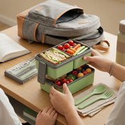 Double Layer Lunch Box with 3 Compartments, Spoon & Fork | BPA-Free Leakproof Bento Box