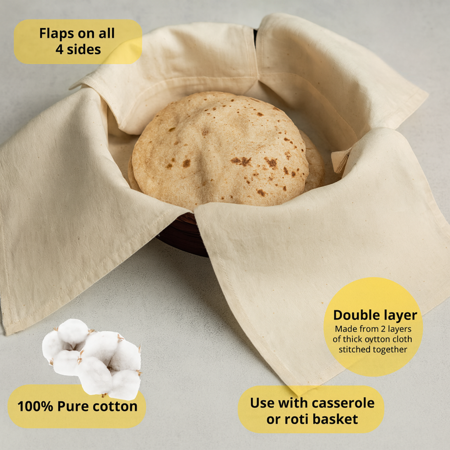 100% Cotton Chapati Cover Double Layer Cloth For Soft Roti Storage