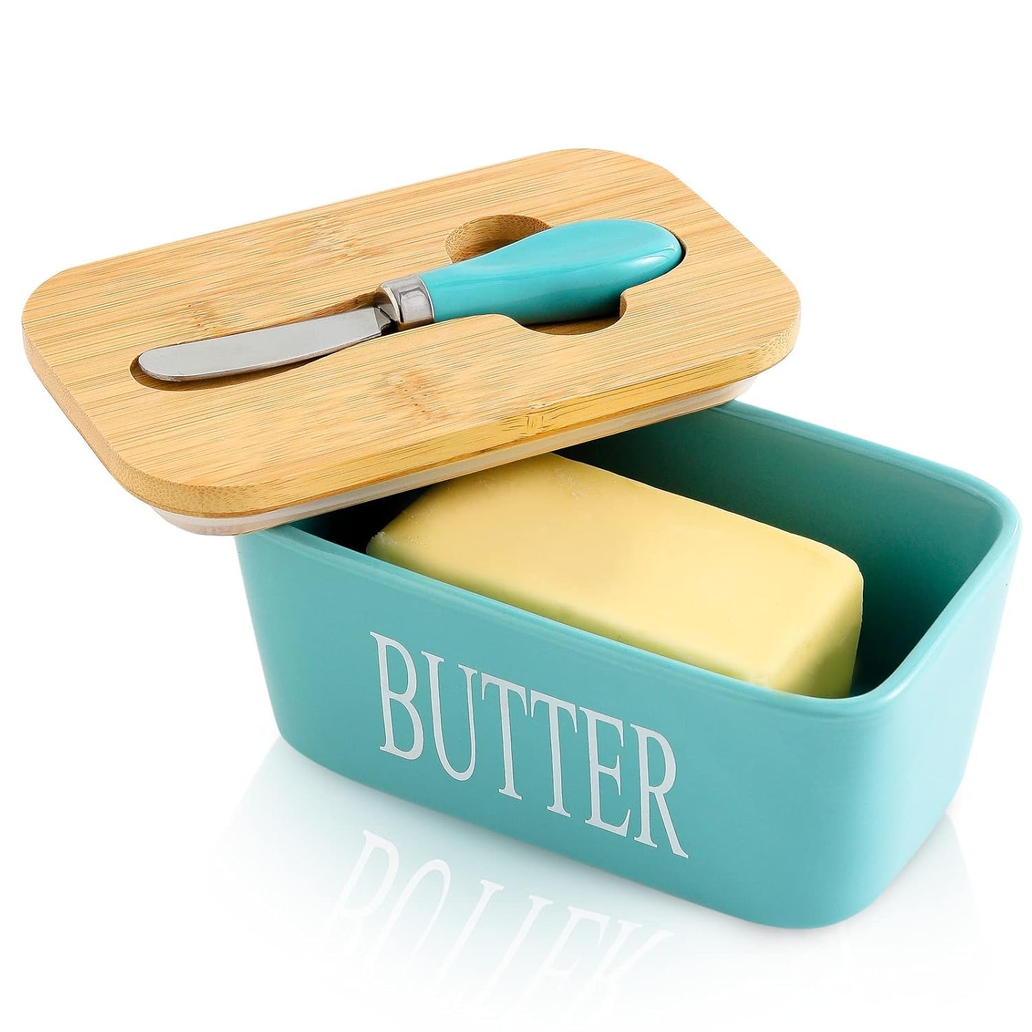 Ceramic Butter Dish With Lid & Knife – Airtight Butter Keeper Container with Silicone Seal for Countertop & Refrigerator