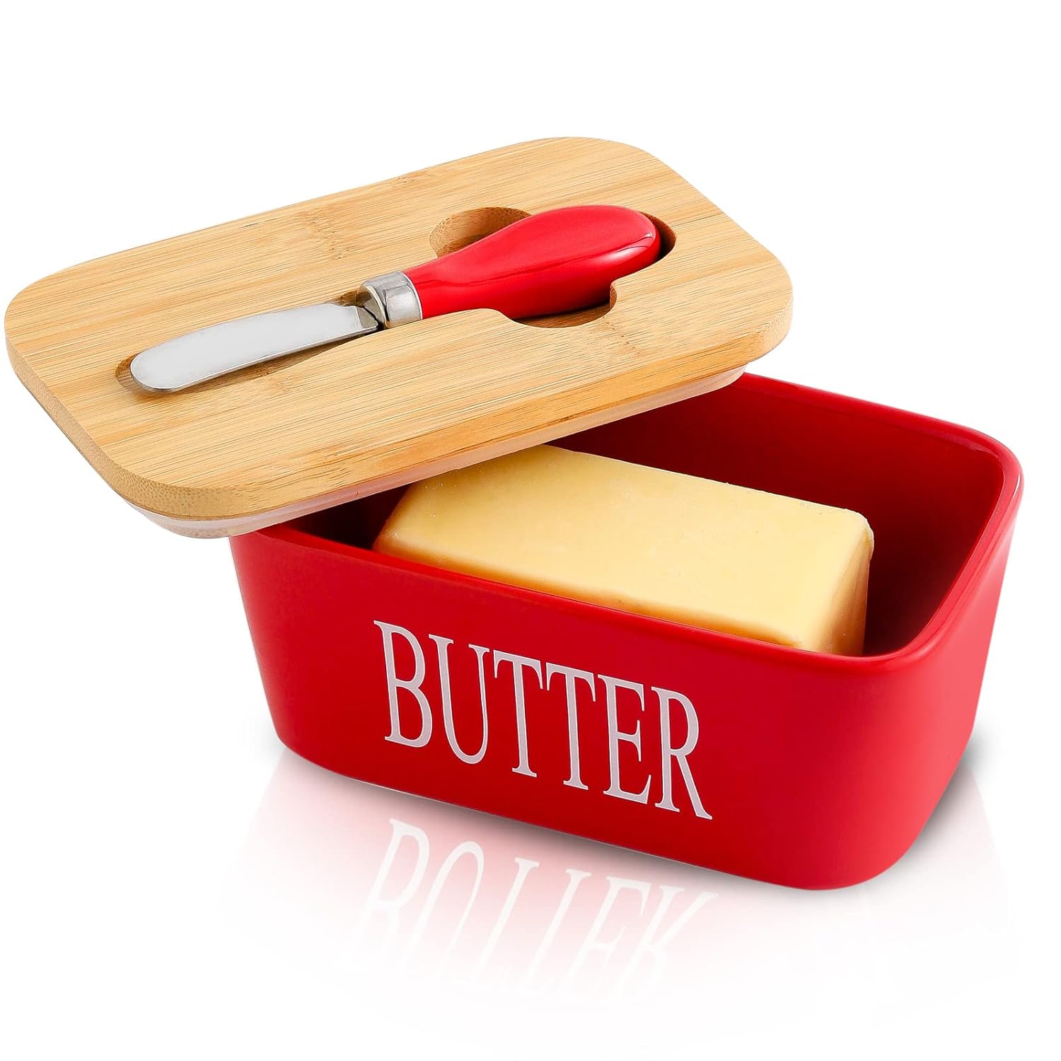 Ceramic Butter Dish With Lid & Knife – Airtight Butter Keeper Container with Silicone Seal for Countertop & Refrigerator