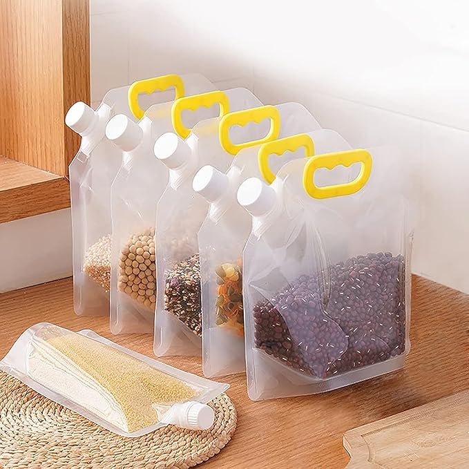 1.5L Transparent Grain Storage Bag with Pour Spout - Resealable Stand-Up Pantry Organizer