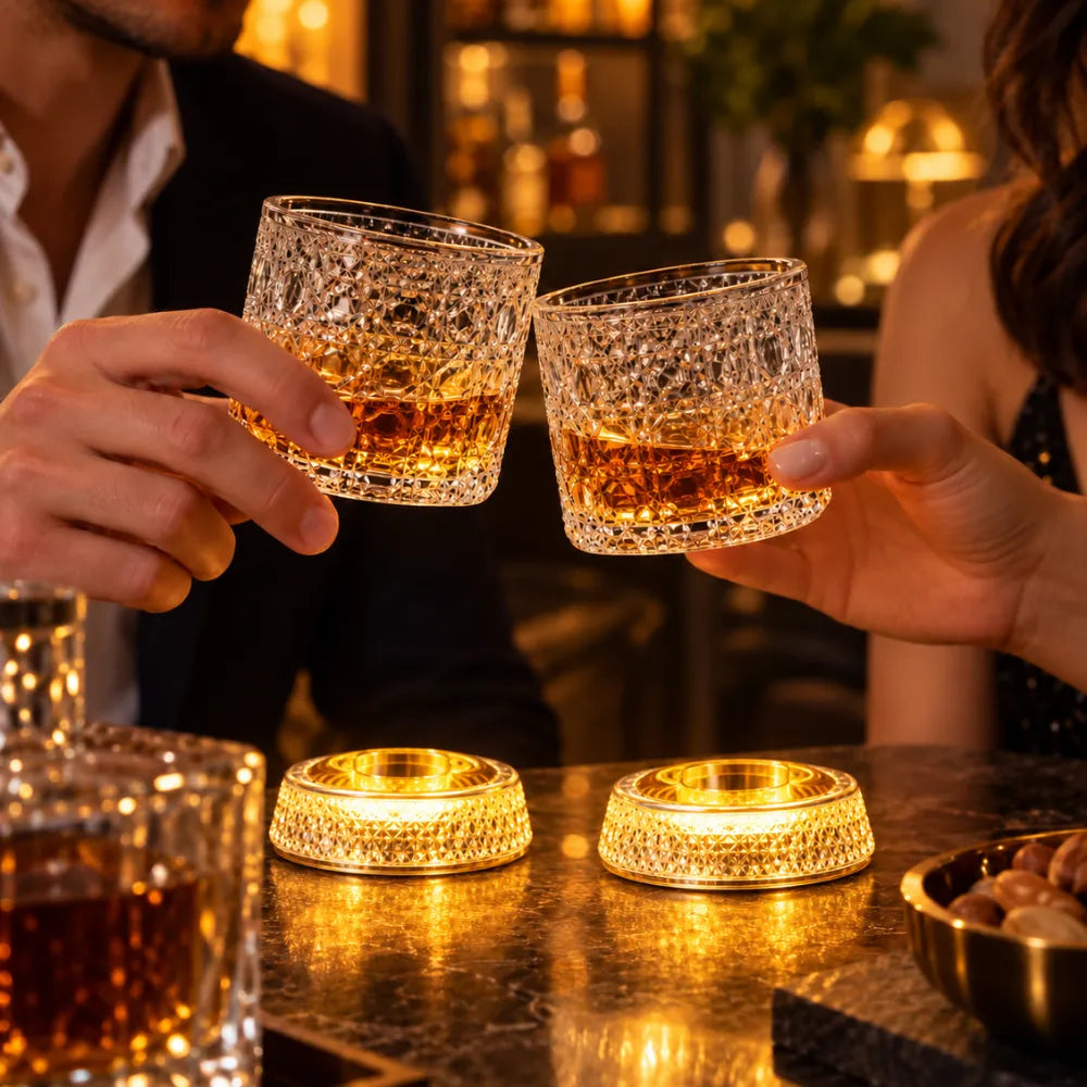 LED Rotating Whiskey Glasses 300ml – Pack of 2 | Crystal Cut 360° Spinning Rocks Glasses with LED Base for Whiskey, Scotch & Cocktails
