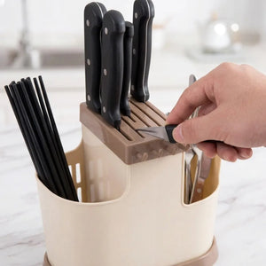 Multi-Functional Plastic Cutlery Holder with Drain Tray | Spoon, Knife, Chopsticks & Utensil Organizer Stand for Kitchen Counter