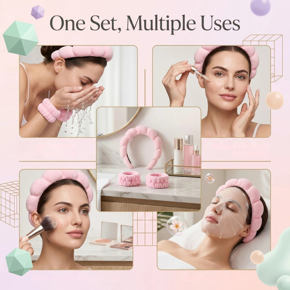 Spa Headband & Wristband Set for Face Washing | Soft Cloud Makeup Headband with Absorbent Wrist Wash Bands for Skincare, Spa, Makeup & Beauty Routine