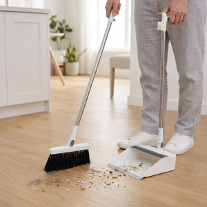 Long Handle Broom & Dustpan Combo Set | Upright Standing Sweep Set with Self-Cleaning Scraper | Home, Office & Floor Cleaning