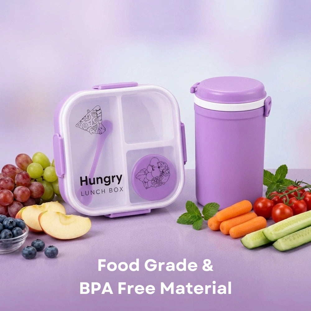 Lunch Box Set with Water Bottle & Spoon | 3 Compartment Leak-Resistant Lunch Box for Kids & Adults | BPA-Free Portable Tiffin Box
