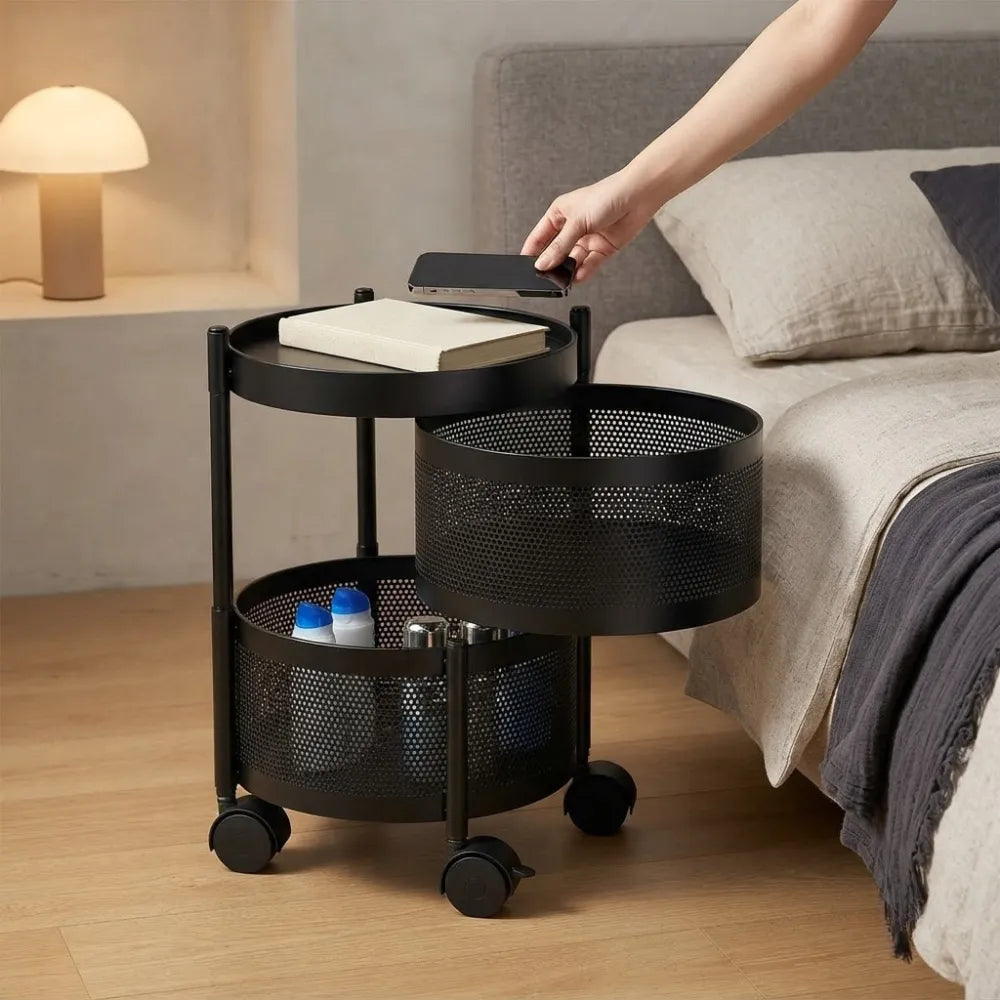 2-Layer Round Multipurpose Storage Trolley with Wheels | Rotating Organizer for Home & Office