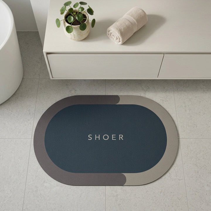 Modern Oval Anti-Slip Bathroom Floor Mat | Soft Absorbent Waterproof Door Rug for Bathroom, Bedroom & Entryway | Minimal Blue Home Decor Mat