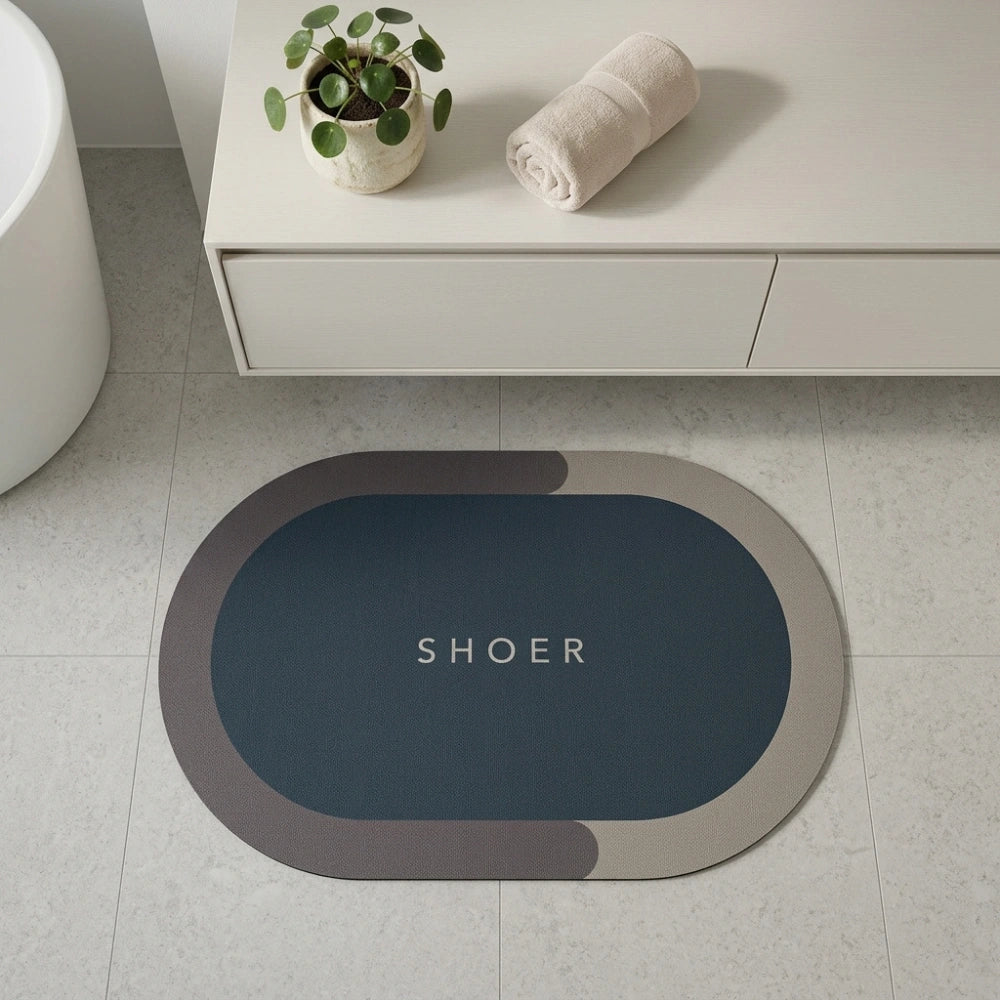 Modern Oval Anti-Slip Bathroom Floor Mat | Soft Absorbent Waterproof Door Rug for Bathroom, Bedroom & Entryway | Minimal Blue Home Decor Mat