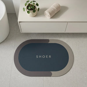 Modern Oval Anti-Slip Bathroom Floor Mat | Soft Absorbent Waterproof Door Rug for Bathroom, Bedroom & Entryway | Minimal Blue Home Decor Mat