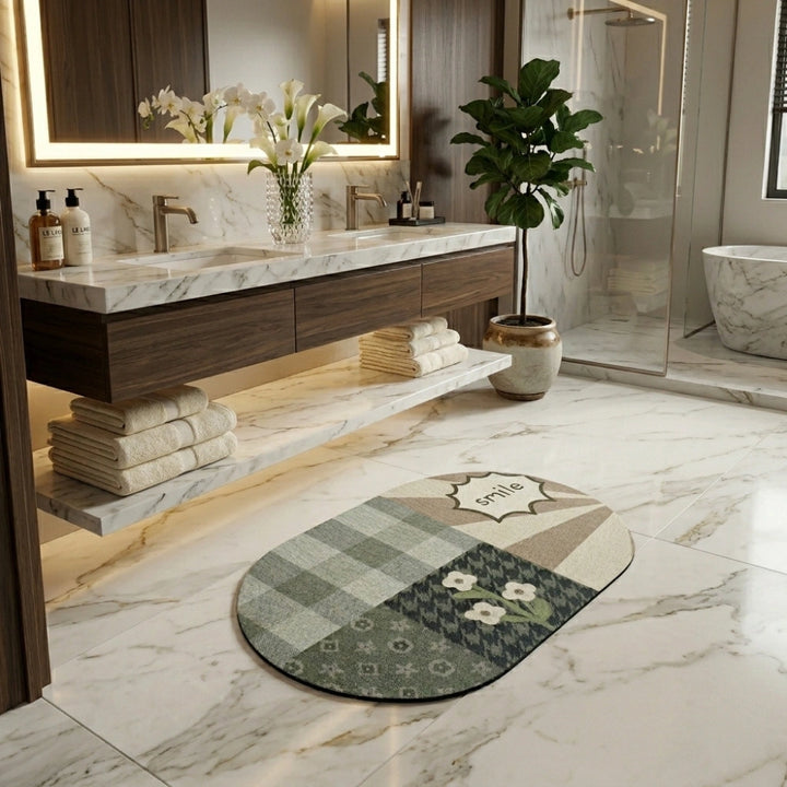 Smile” Patchwork Oval Bath Mat | Sage Green & Beige, Non‑Slip Quick‑Dry, Ultra‑Absorbent
