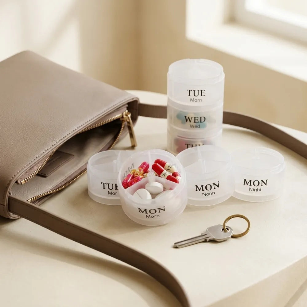 7-Day Weekly Pill Organizer Box | 3 & 4 Compartments Per Day | Portable Medicine Tablet Storage Case with Removable Boxes