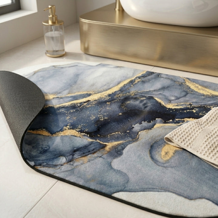 Luxury Marble Oval Anti-Slip Bath Mat | Soft Absorbent Quick Dry Bathroom Floor Rug Modern Watercolor Stone Pattern Carpet