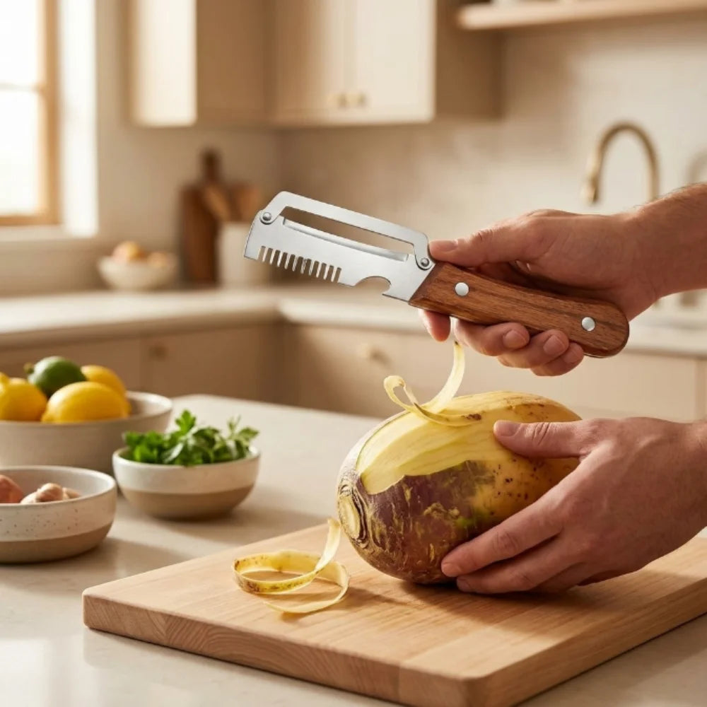 3 in 1 Stainless Steel Vegetable Peeler with Wooden Handle | Julienne Cutter, Bottle Opener & Scallion Shredder | Multi-Purpose Fruit & Veggie Peeler