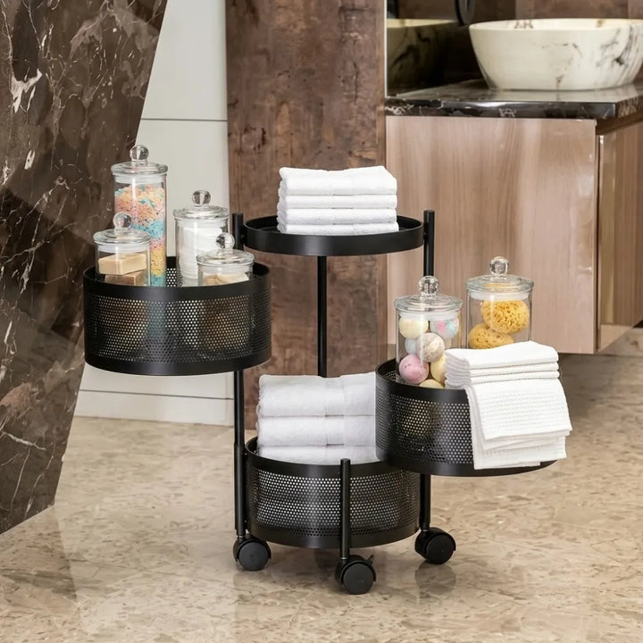 3-Layer Round Multipurpose Storage Trolley with Wheels | Rotating Organizer for Home & Office