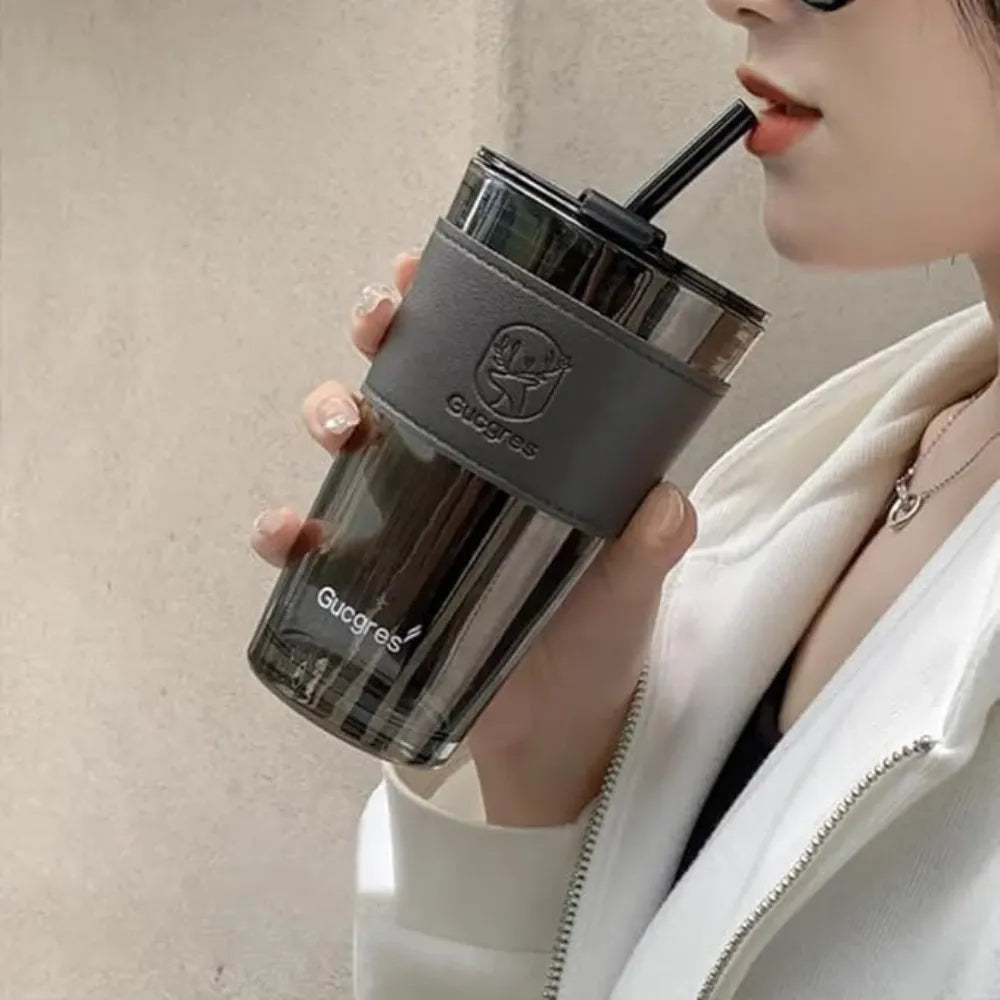 Glass Coffee Sipper Mug with Leather Grip | Reusable Clear Tumbler with Lid & Straw | Iced Coffee, Tea, Smoothie & Juice Cup