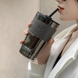 Glass Coffee Sipper Mug with Leather Grip | Reusable Clear Tumbler with Lid & Straw | Iced Coffee, Tea, Smoothie & Juice Cup