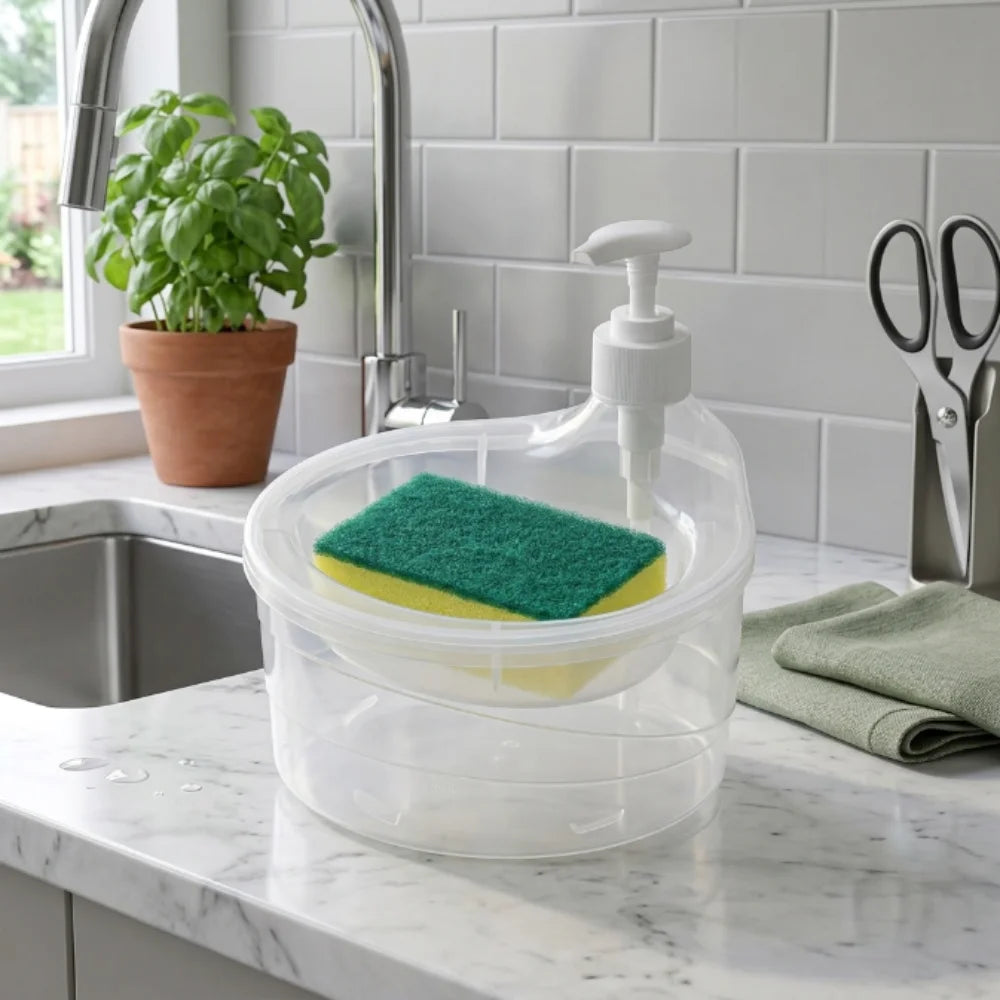 Press Type Liquid Soap Dispenser with Sponge Holder | Refillable Dishwashing Pump Container