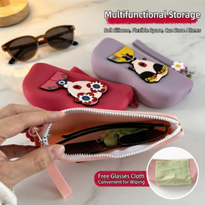 Cute Silicone Sunglasses Case with Zipper & Wrist Strap | Waterproof Soft Eyeglass Pouch with Cleaning Cloth for Travel & Daily Use