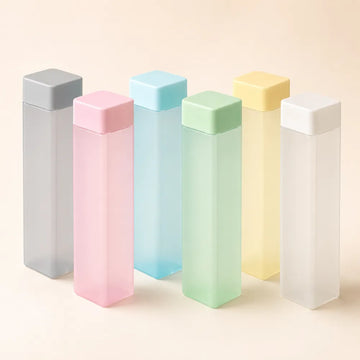6PCS Square Plastic Water Bottle Set | Slim Flat Frosted Reusable Water Bottles | Multicolour Drink Bottles for Office, Gym & Travel
