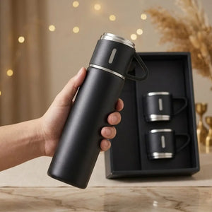 500ml Vacuum Flask Gift Set with 3 Stainless Steel Cups | Double Wall Insulated Hot & Cold Thermos | Premium Travel Flask Combo
