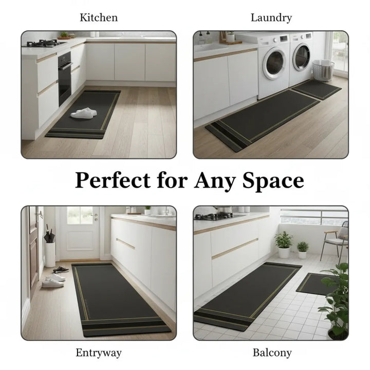 2-Piece Black & Gold Line Kitchen Mat Set | Luxury Non-Slip Waterproof Anti-Fatigue Runner Rugs for Kitchen & Office