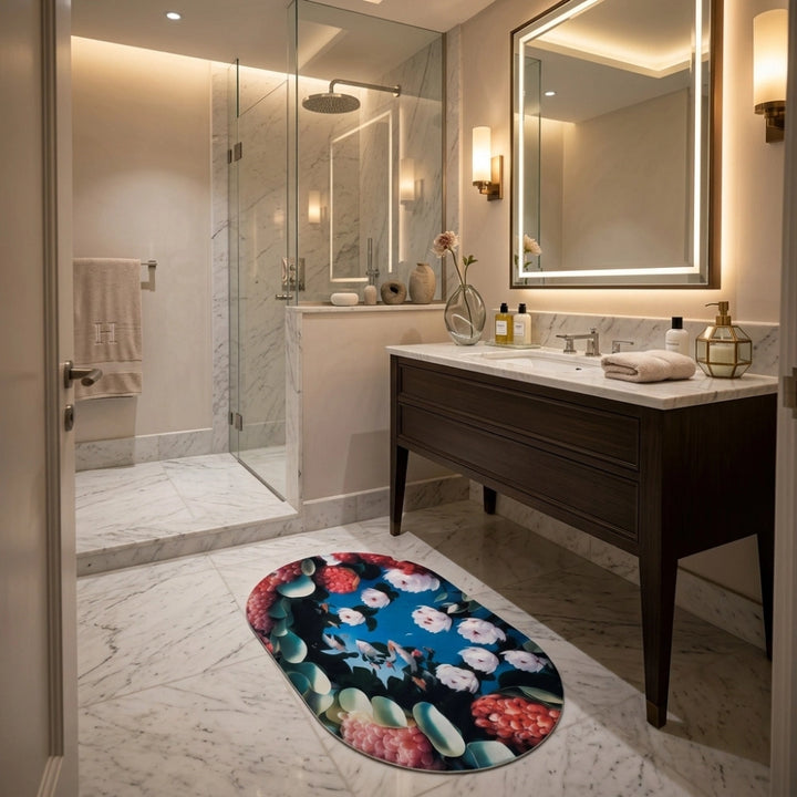 Floral Oval Anti-Slip Bathroom Mat | Soft Absorbent Quick Dry Bath Rug | Decorative Washroom Floor Carpet