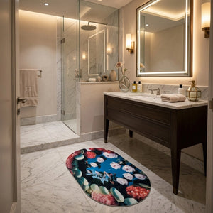Floral Oval Anti-Slip Bathroom Mat | Soft Absorbent Quick Dry Bath Rug | Decorative Washroom Floor Carpet